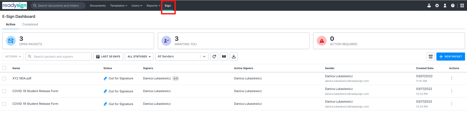 ReadySign Help Resources | Sign Tab Dashboard