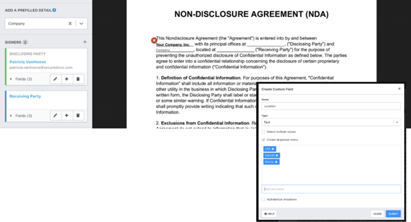 Add Fields to fill in when sending a document